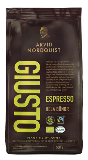 ARVID NORDQUIST Espresso Giusto Reilun kaupan Luomu Kok.pavut 500g