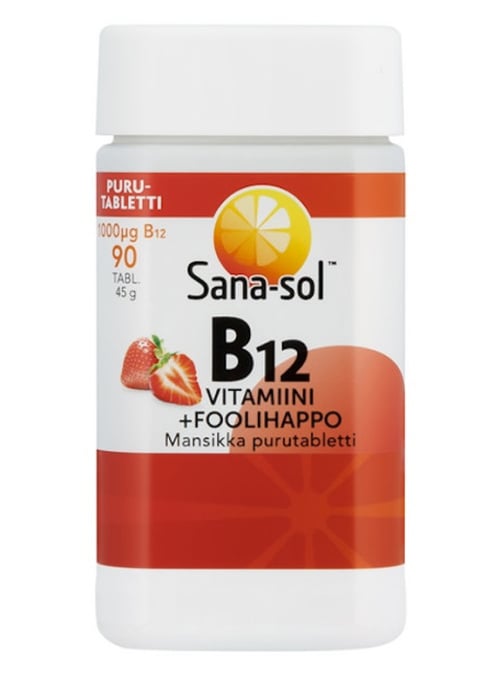 Sana-sol B12-vitamiini 1000µg+foolihappo Mansikka purutabletti ravintolisä 90tabl 45g