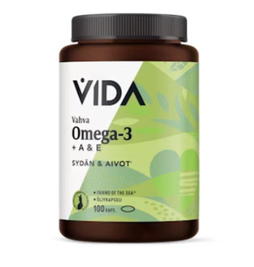 Vida kalaöljyvalmiste Vahva Omega-3 + A- ja E- vitamiinit 100 kaps/72 g