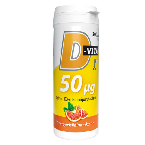 Vitabalans D-Vita 50 µg veriappelsiinin makuinen 200 tabl ksylitoli-D3-vitamiinipurutabletti