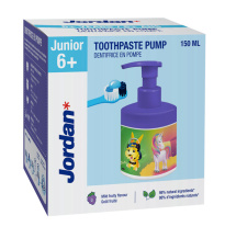 Jordan Junior 6+-vuotiaiden lasten hammastahna pumppupullo Mild fruity flavour 150ml