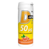 Vitabalans D-Vita 50 µg veriappelsiinin makuinen 200 tabl ksylitoli-D3-vitamiinipurutabletti