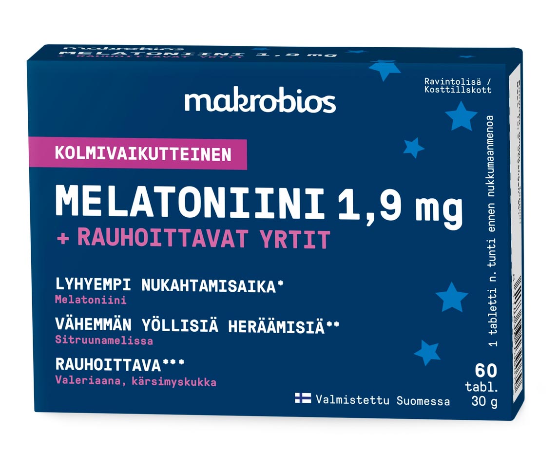 Makrobios kolmivaikutteinen Melatoniini 1,9mg + rauhoittavat yrtit 60 tablettia 30g